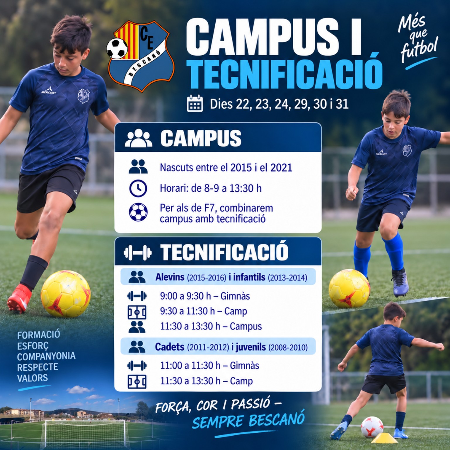 Cartell del Campus i Tecnificació de Nadal del CE Bescanó, amb dates, edats i horaris de les activitats.