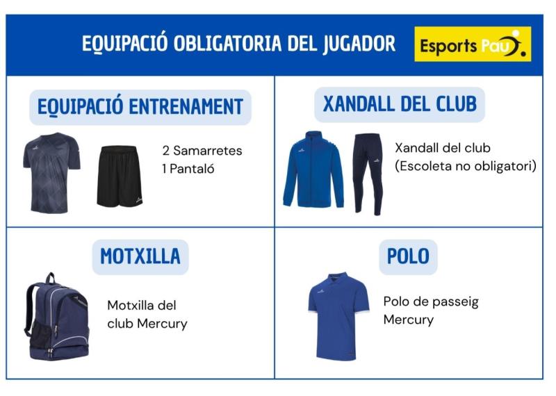 Equipació obligatòria del jugador: roba d’entrenament, xandall del club, motxilla i polo